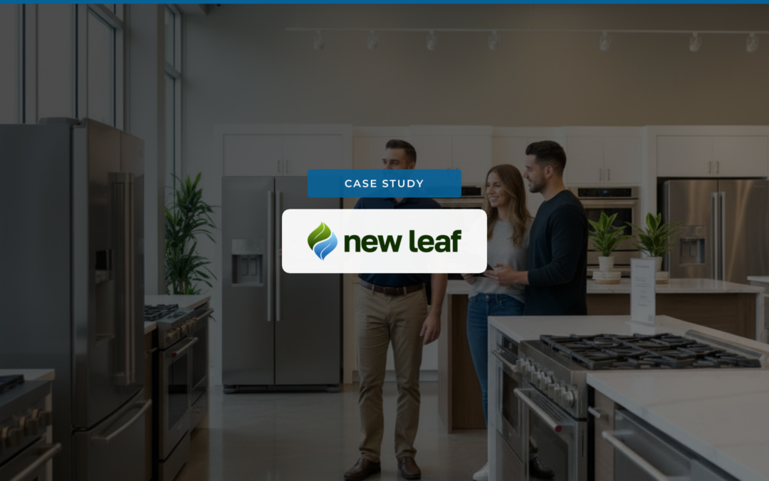 New Leaf case study banner showing customers in an appliance showroom with New Leaf logo overlay