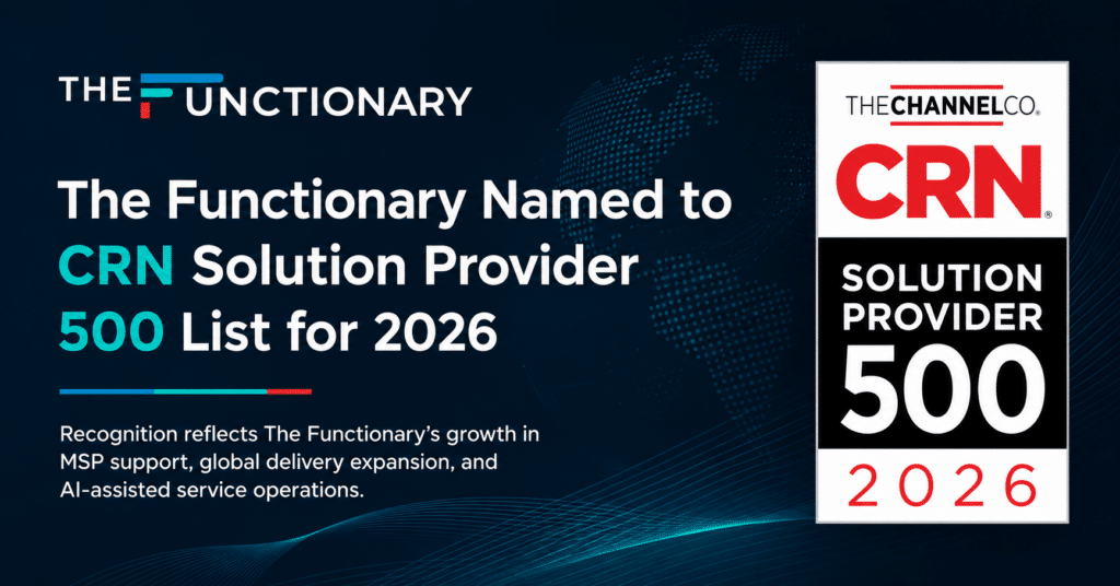 Branded announcement graphic showing The Functionary logo and the CRN Solution Provider 500 2026 badge on a dark blue background, highlighting The Functionary’s recognition on the 2026 list.