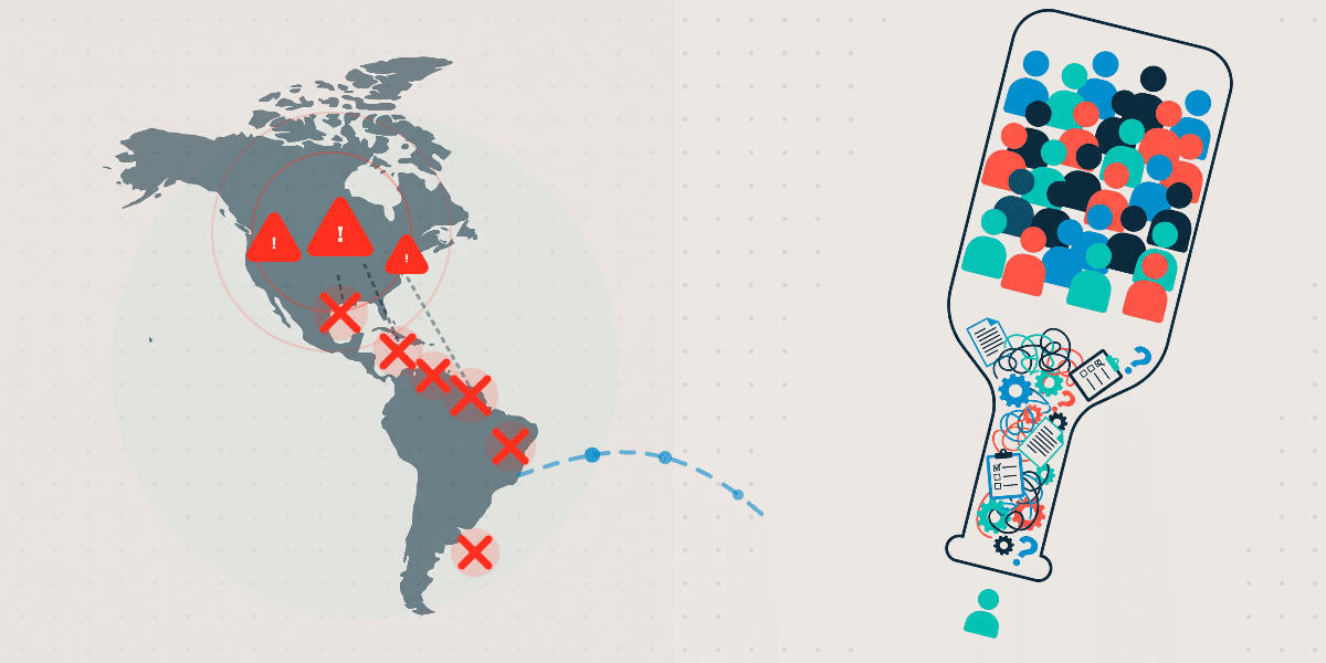 Illustration showing operational bottlenecks across nearshore teams in Latin America and North America.